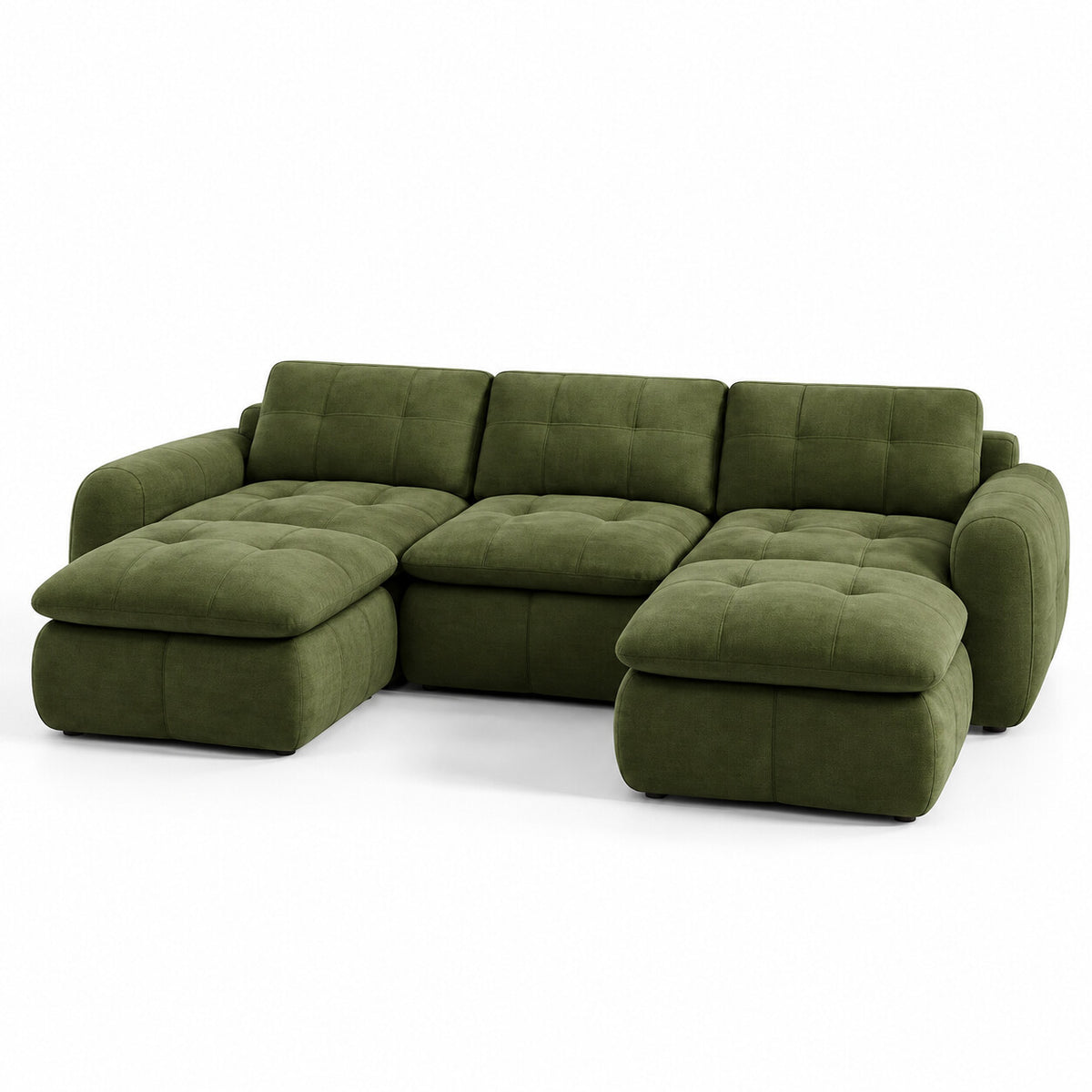 Canapé modulable Ronda 3 places vert olive avec deux poufs, vue trois quarts