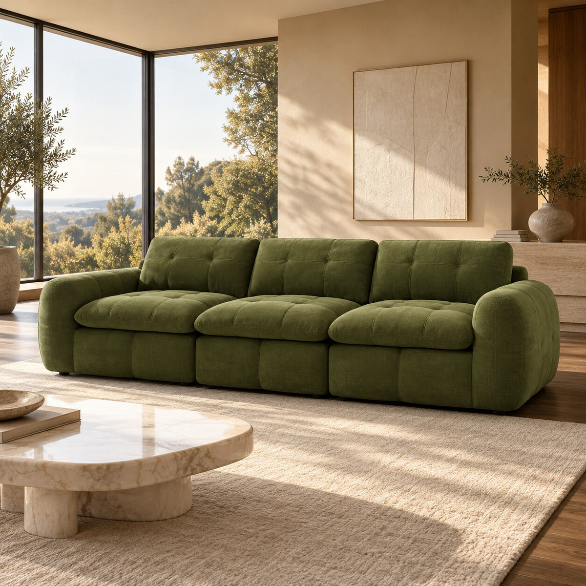 Canapé modulable Ronda 3 places vert olive en situation dans un salon