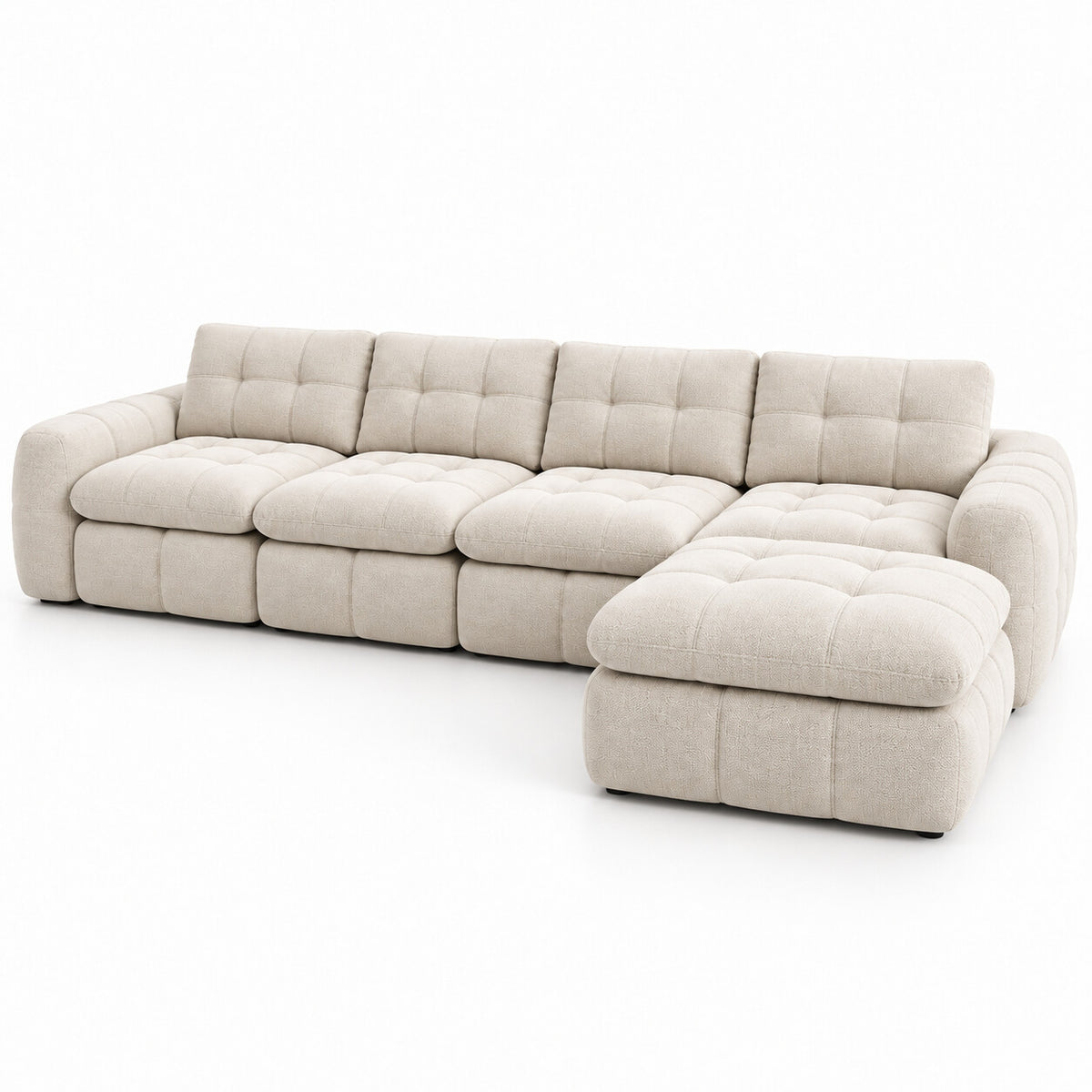 Canapé modulable Ronda 4 places beige avec pouf, vue trois quarts