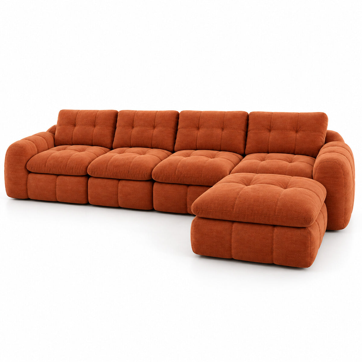Canapé modulable Ronda 4 places terracotta avec pouf, vue trois quarts