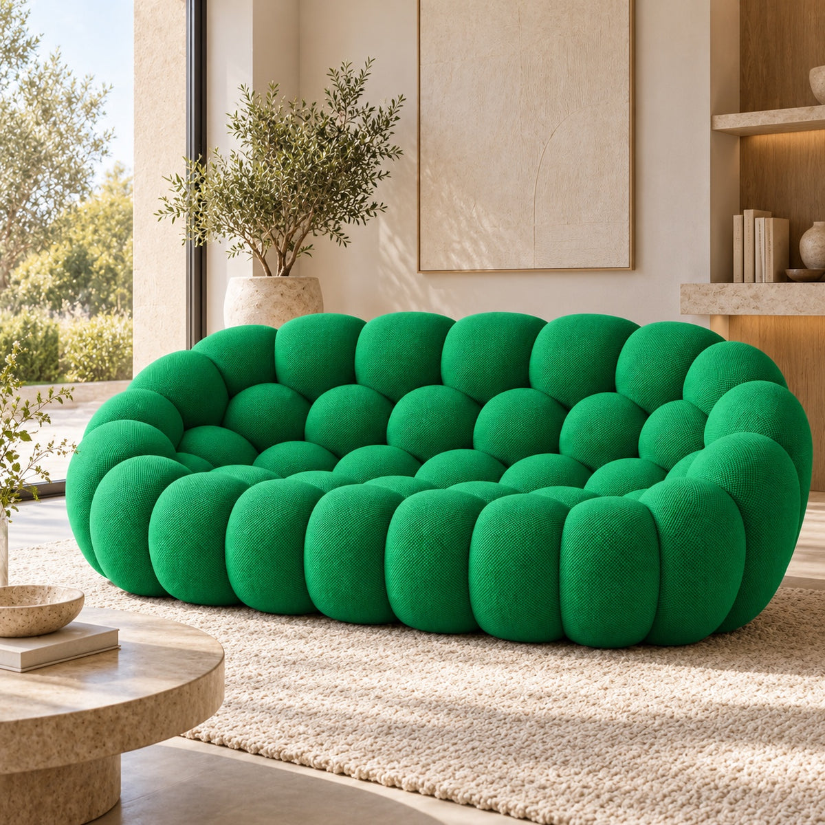 Canapé Séville en tissu texturé vert en situation dans un salon